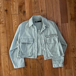 ZARA Light Green Cropped Jacket with Embellished Pocket